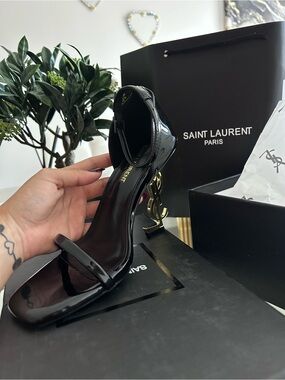 Saint Laurent Black Patent Logo-Heel Sandals with Gold YSL Heel